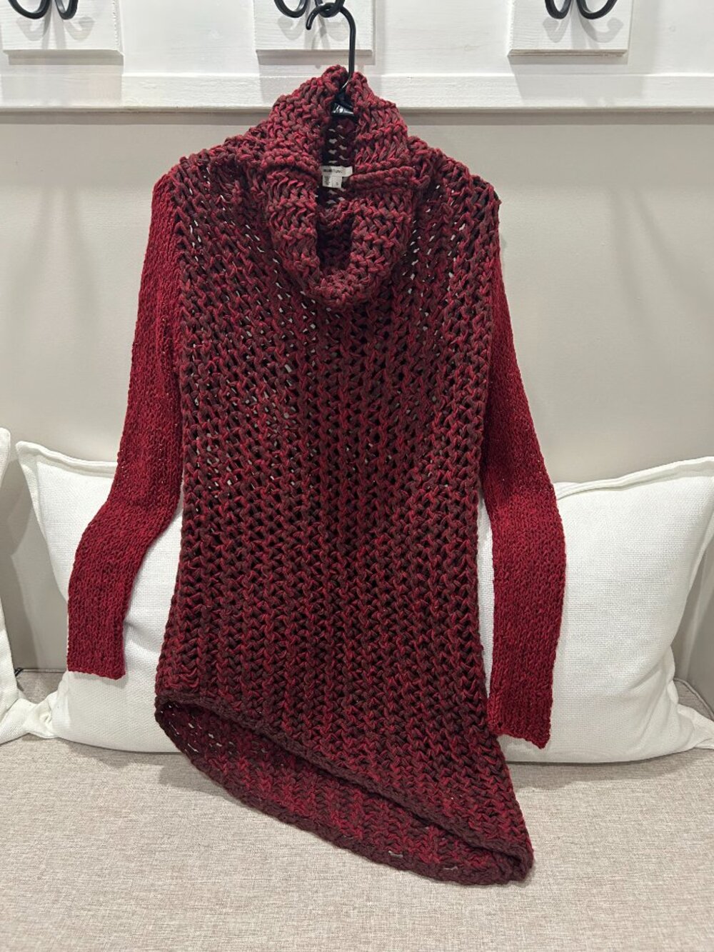 Helmut Lang Italian Yarn Open-Knit Red Brown Cowl Neck Pullover Sweater Size S